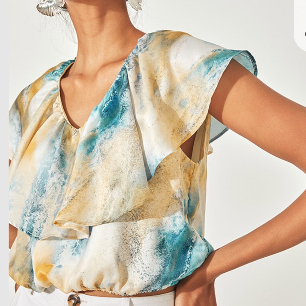The Label Women’s Marble Print Ruffle Crop Top - Blue and Yellow